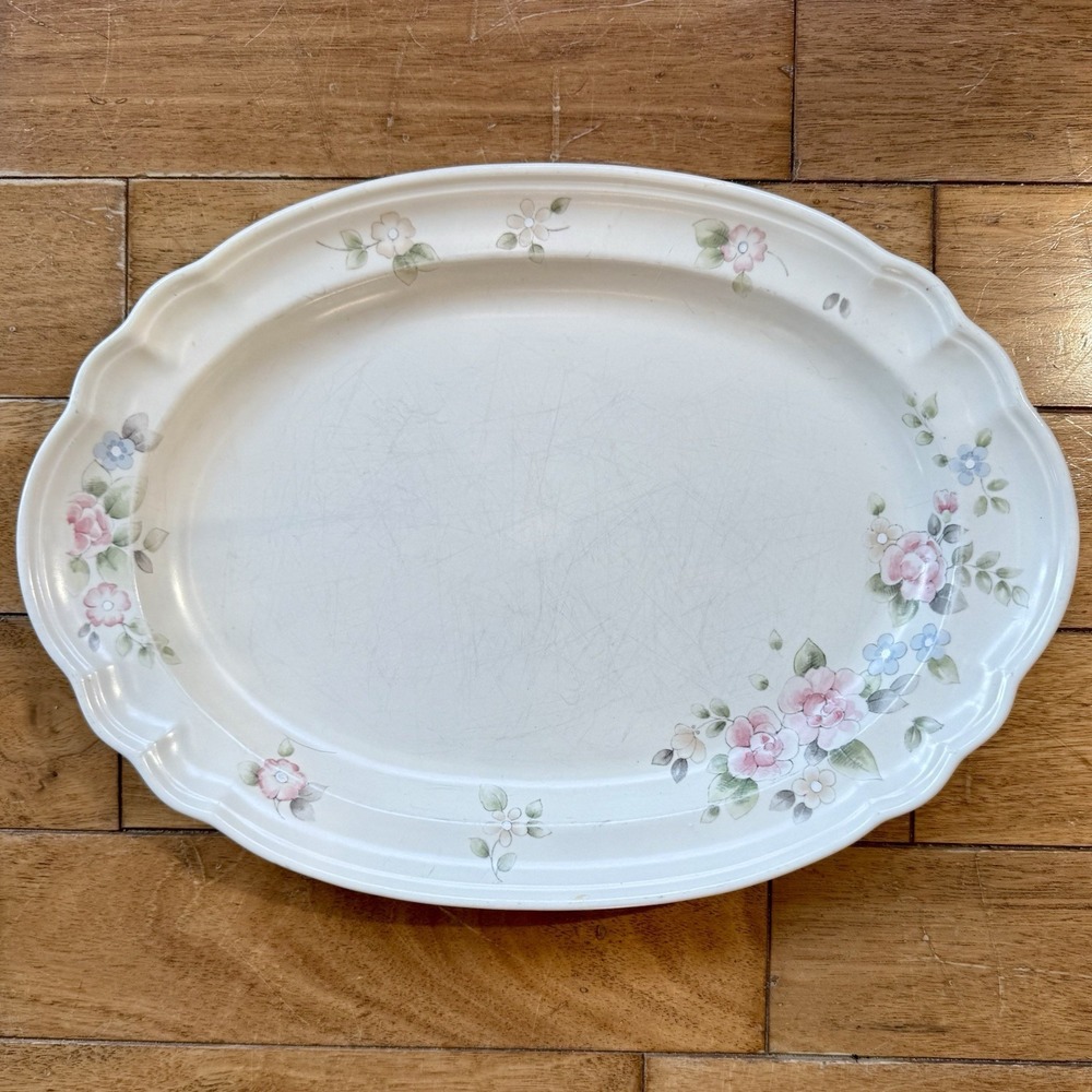 VTG Pfaltzgraff Tea Rose Large Oval Serving Platter Scalloped Stoneware 14.5×10"
